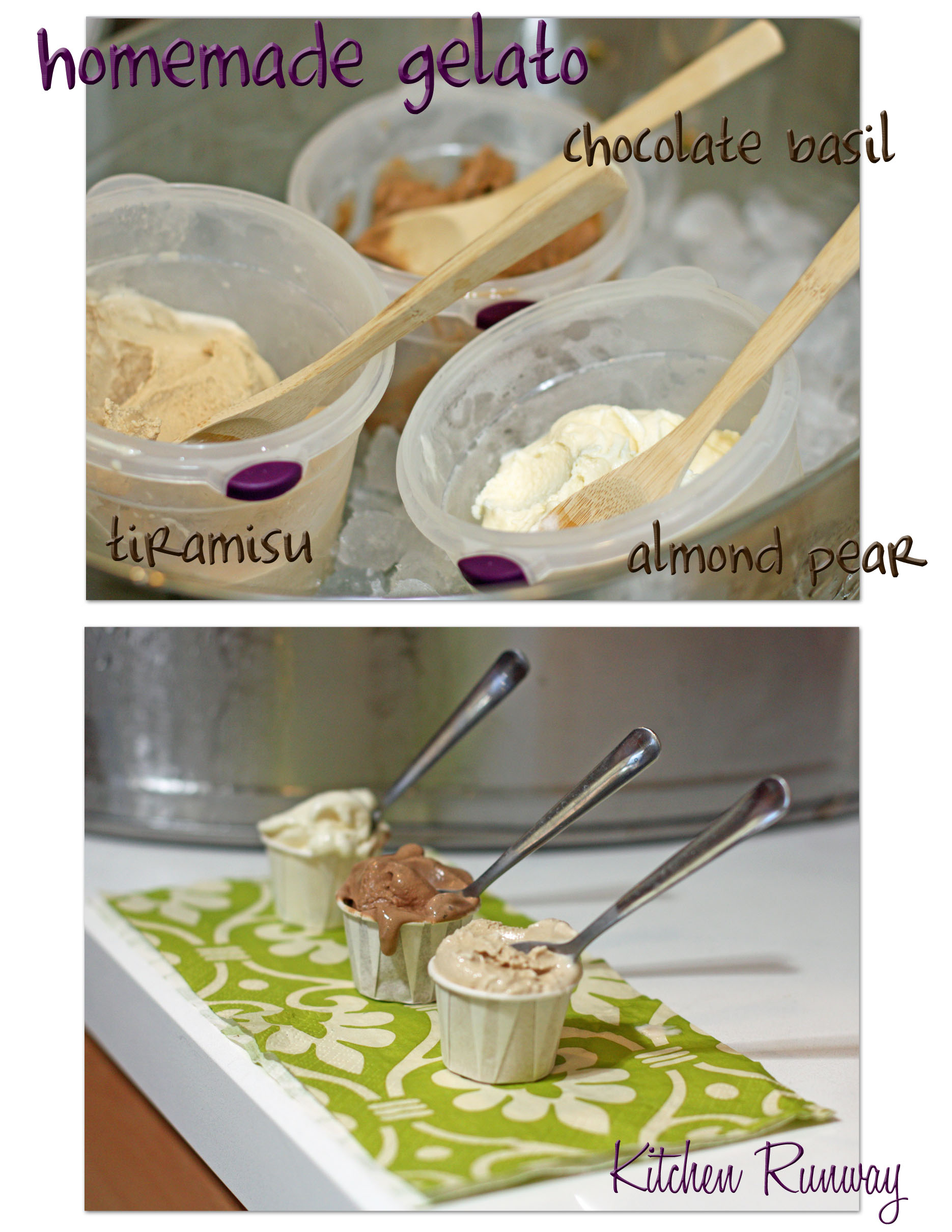 tiramisu, chocolate basil and almond pear gelato